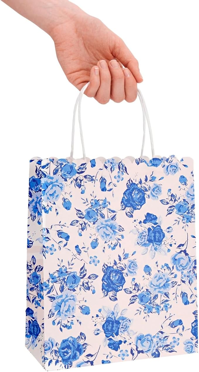 Sparkle and Bash Floral Party Favor Bags - 24-Pack, 10 x 8 x 4 In, Blue & Pink - Reusable Paper with Handles for Thank You Gift Bags at Wedding, Bridal & Baby Shower