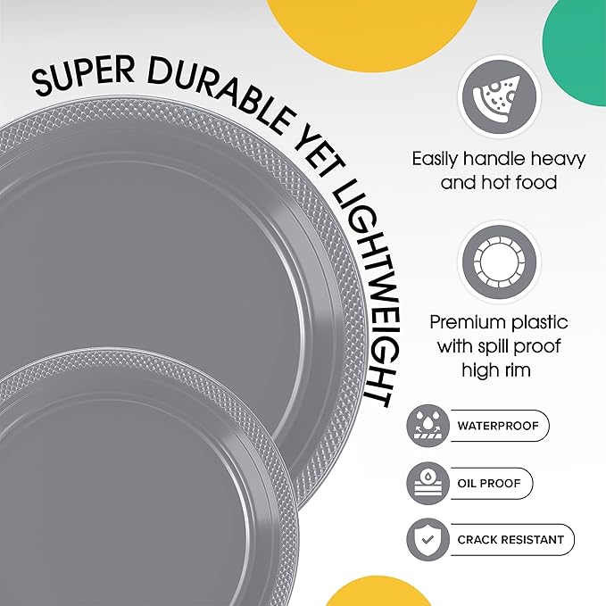 Party Solids Silver Plastic Plates For Party Supplies, Silver Disposable Plates 100 Pieces - 50-7" & 50-9" Heavy Duty 350 GSM Disposable Dinnerware Sets, Plastic Dinnerware Sets