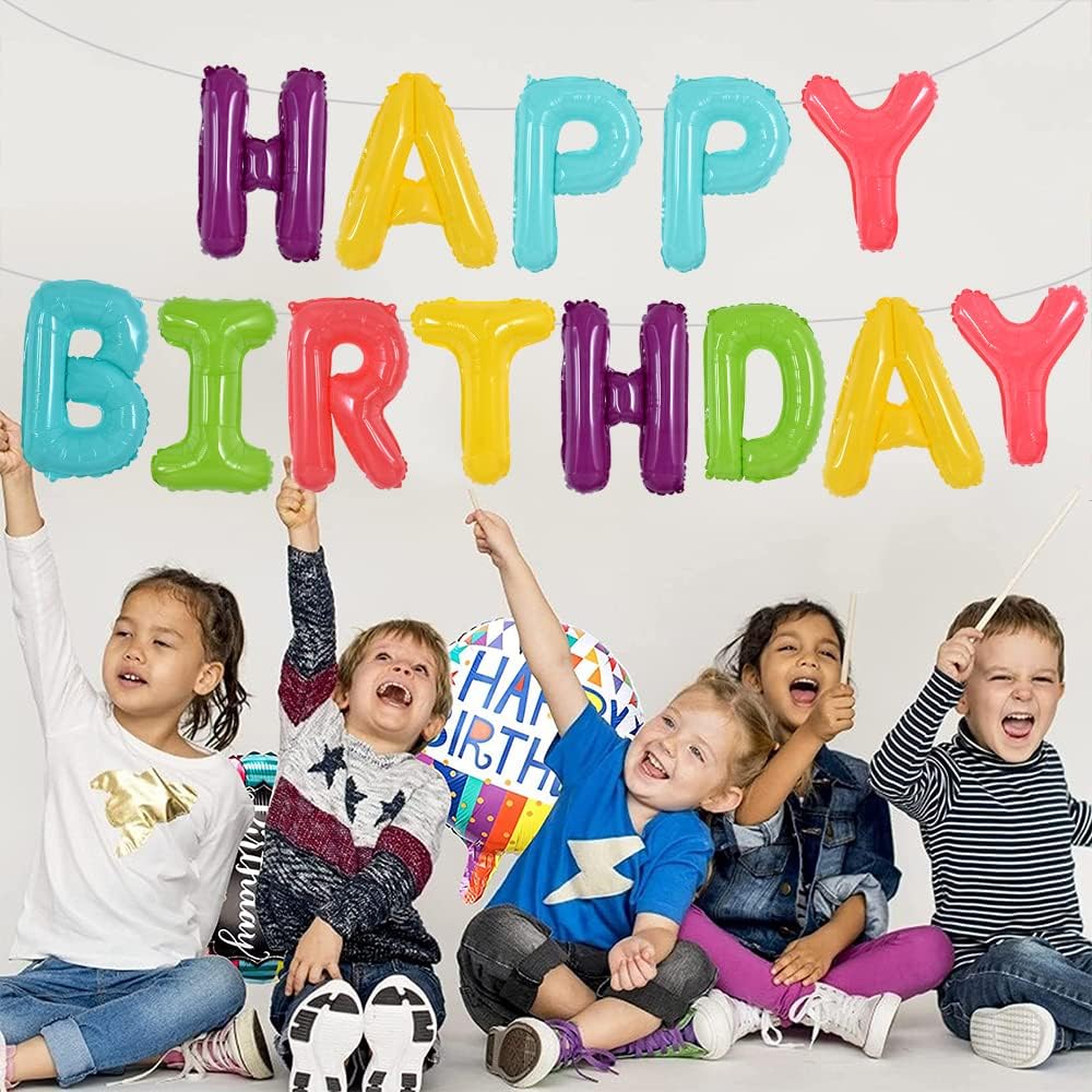 TONIFUL Coloful Macaron Rainbow Happy Birthday Balloons Banner with Ribbon Straw, 16 Inch Mylar Foil Letters Birthday Sign Bunting Reusable for Girls Boys Kids & Adults Birthday