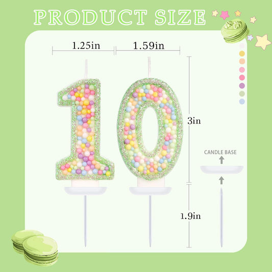 Green Birthday Candles - Number 10 Candle, Colorful Macaron Candles, 10 Birthday Decorations for Boys Girls, Green Cake Decorations, Theme Party Supplies