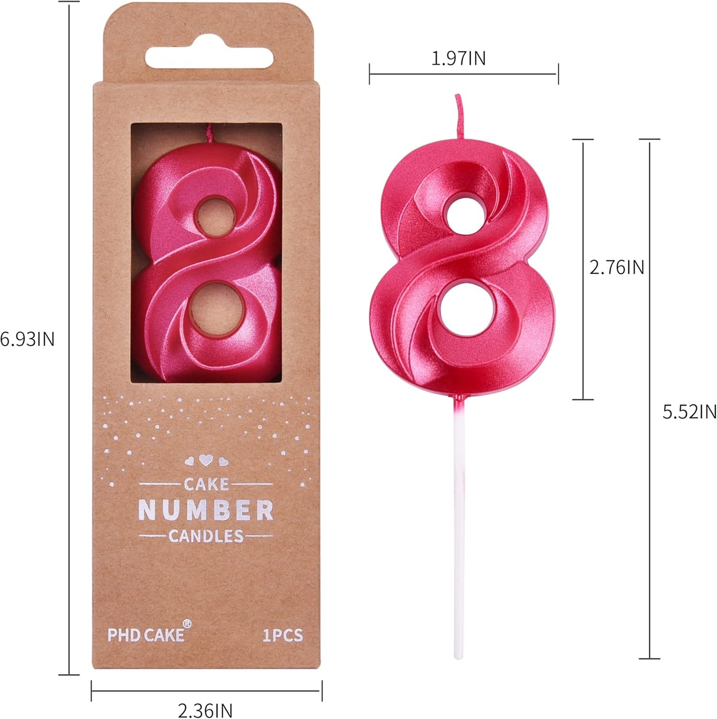 PHD CAKE 2.76 Inch Diamond Red 8 Number Birthday Candles, Cake Candles for Party Celebration