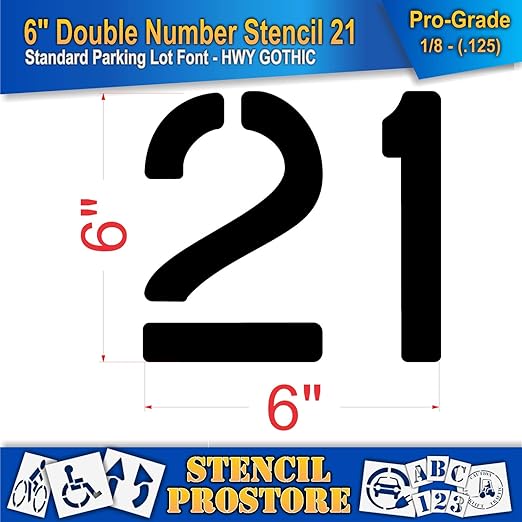Pavement, Curb, and WheelStop Stencils - 6 inch Double Number Stencil - (21) - 6" x 6" x 1/8" (128 mil) - Pro-Grade