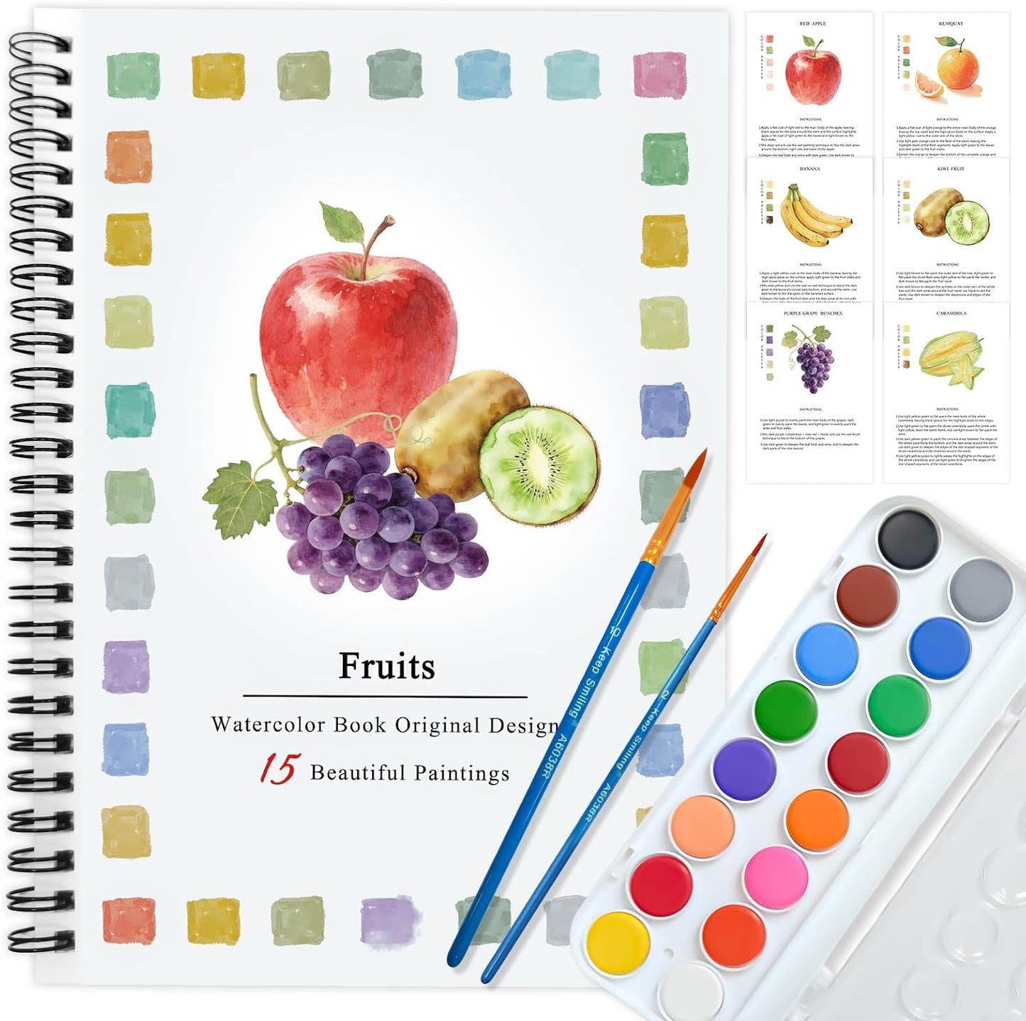 SLWBZ Watercolor Workbooks Coloring Book, Beginner Friendly Painting Kit, Easy Exquisite with Detailed Steps, Creative Exploration Watercolor Book with Paint Set for Adults Teens (Fruits, with Paint)