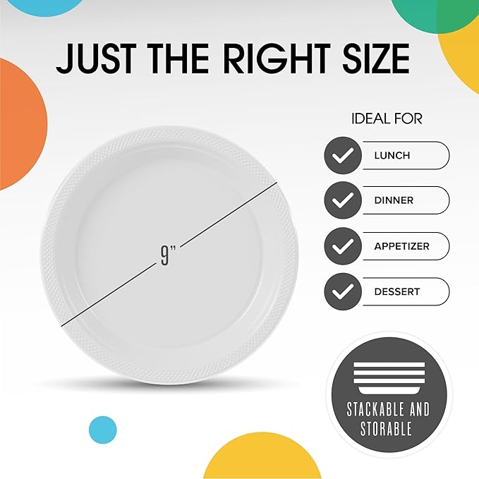 Exquisite 9 Inch White Plastic Dinner Plates - 50 Count Heavy Duty Disposable Set for Parties