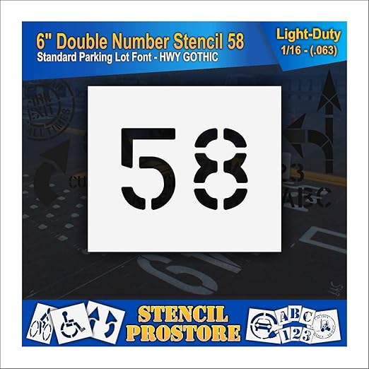 Pavement, Curb, and WheelStop Stencils - 6 inch Double Number Stencil - (58) - 6" x 9" x 1/16" (63 mil) - Light-Duty