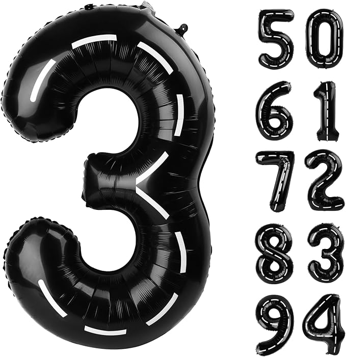 Race Car 3 Balloon, Number Balloons 40 Inch, 3rd Black Birthday Decorations for Kids Boys, Racing Birthday Decorations, Number 3 Balloon
