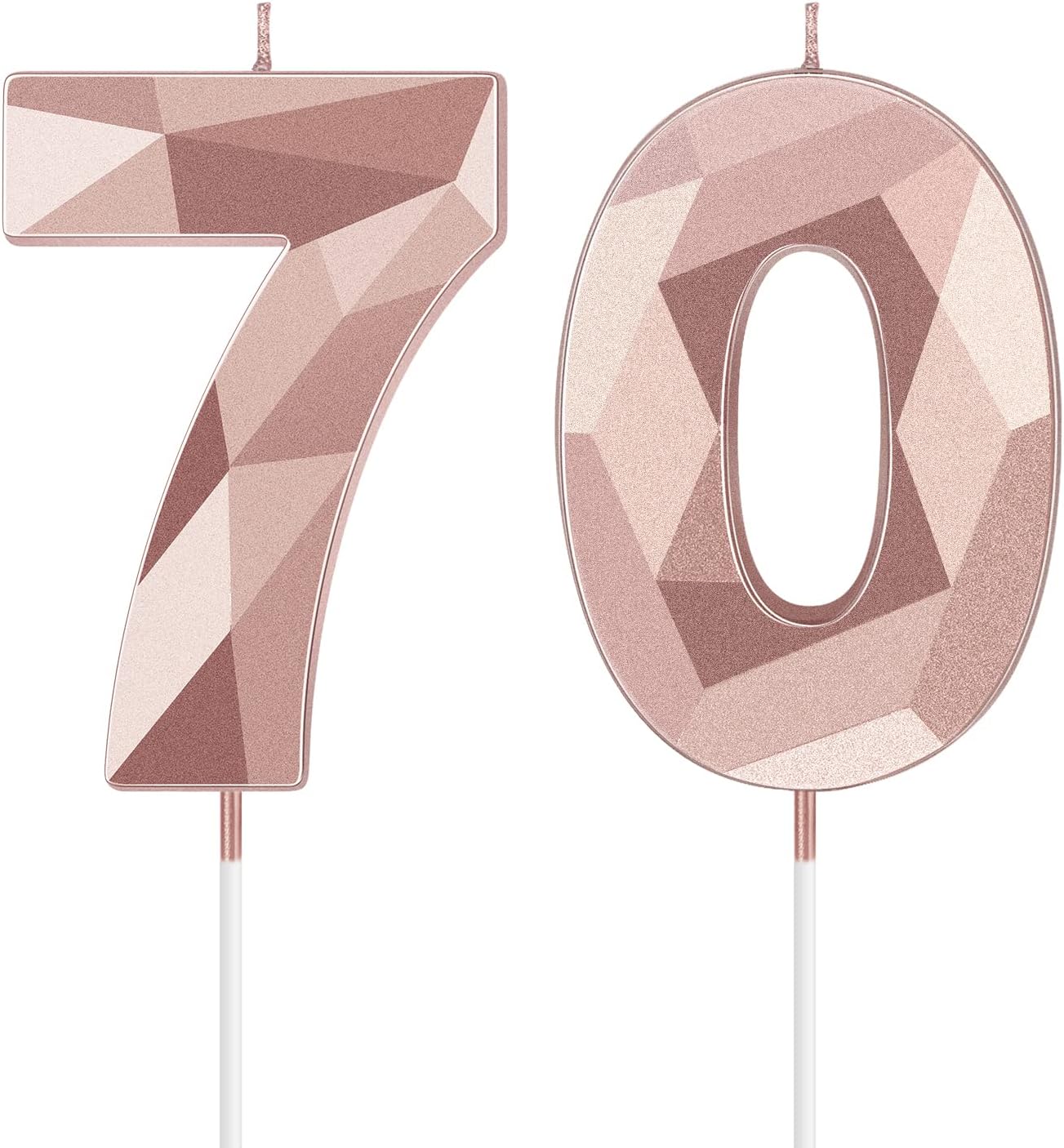 Nuanchu 70th Birthday Candles, Happy Birthday Cake Topper 3D Diamond Shape Numeral Sparkler Number Candles for Men Women Party Wedding Decoration Theme Party (Rose Gold)