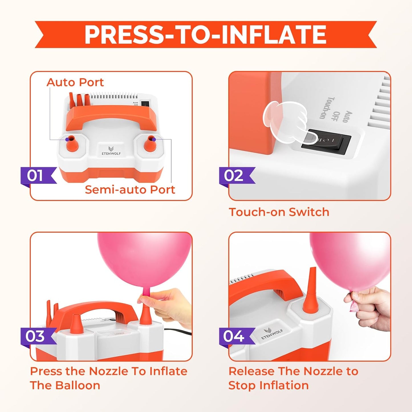 ETENWOLF P400 Balloon Pump Electric for Balloons with 2 Nozzles 110V 550W Balloon Blower for Party Metalic Latex Foil Balloons, Balloon Inflator for Birthday Decorations