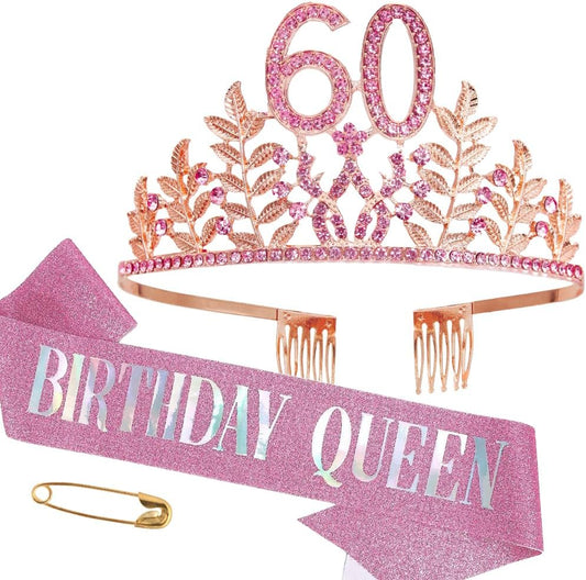 Birthday Sash Tiara Birthday Tiara Rhinestone Crown Rose Gold Birthday Queen Tiara Sash and Tiara for Women Birthday Decor Princess Tiara Cake Topper Crystals Hair Accessories for Party