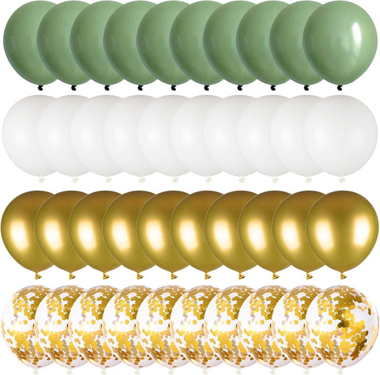 50pcs Sage Green Gold White Balloons, 12inch Olive Green and Gold Confetti Latex Balloons for Birthday Baby Shower Gender Reveal Wedding Party Decoration