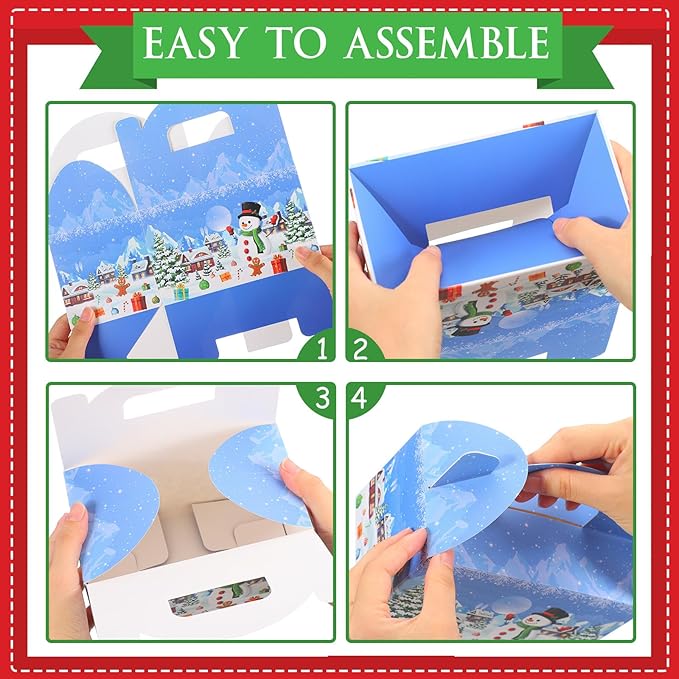 24 Pcs Christmas Treat Boxes Candy Goodie Cookie Gingerbread House Snowman Snowflake Christmas Party Favor Box Containers for Winter Holiday Party Favor Supplies