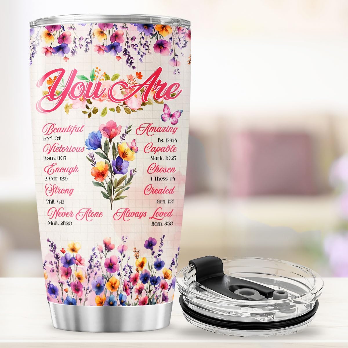 Christian Floral Scripture Gift for Women, Inspirational Bible Verse Stainless Steel Tumbler, 20oz Insulated Travel Mug for Mom, Wife, Friend, Faith-Based Encouragement Present