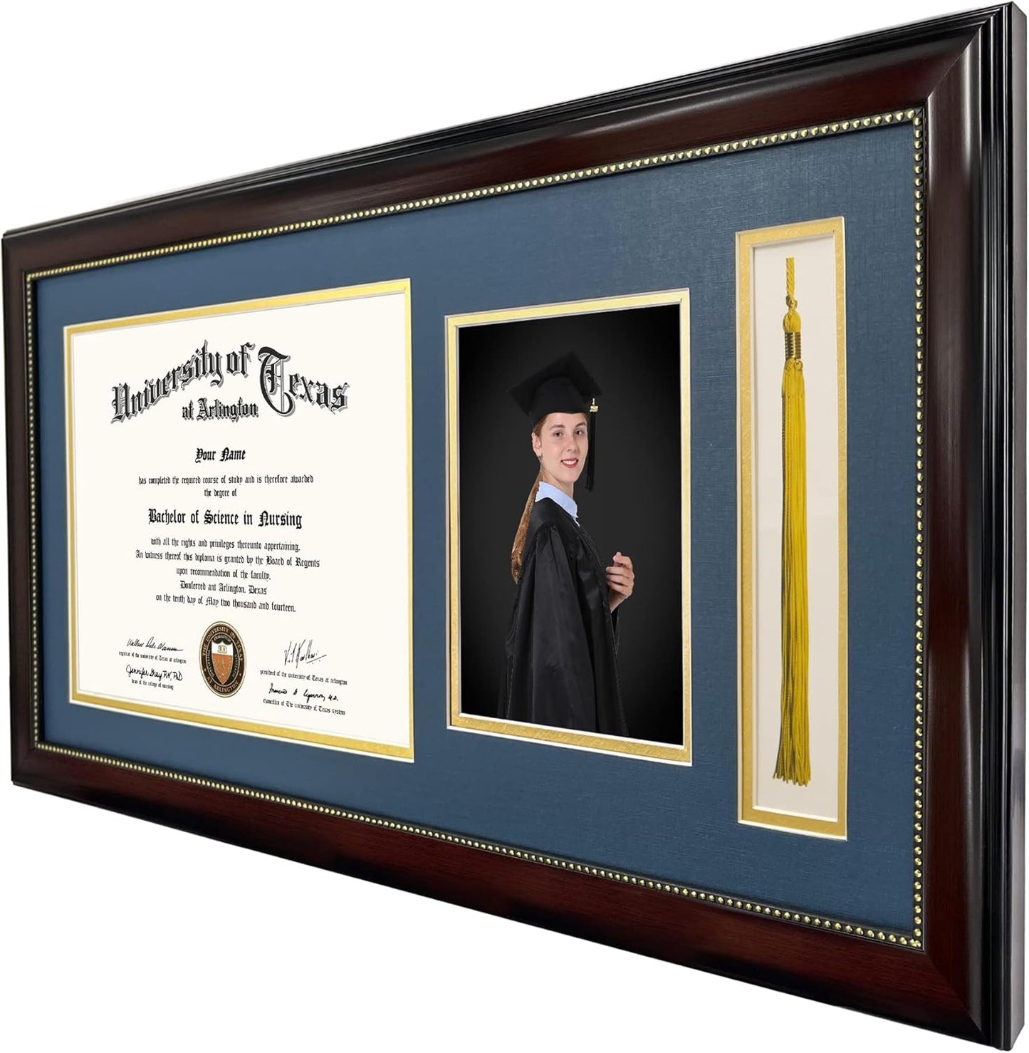 GraduationMall 11x22 Mahogany Diploma Frame with Tassel Holder and Picture for 8.5x11 Certificate 5x7 Photo,Real Glass,Navy over Gold Mat