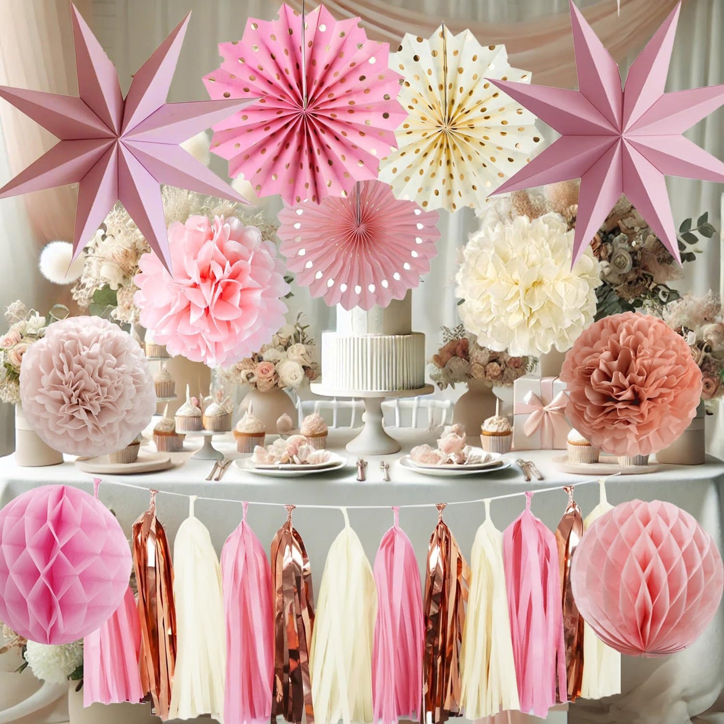 Pink Party Decorations - Dusty Pink Birthday Decoration - 15PCS Boho Decorations for Women Men Girl Boy,Hanging Backdrop Decor for Engagement,Boho Wedding,Baby Shower,Bridal Shower,Garden Party