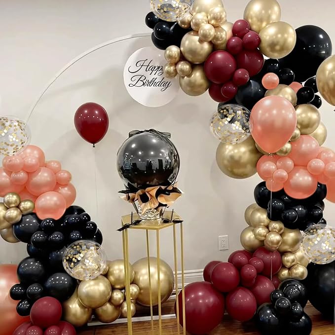 Burgundy Balloon Garland Arch Kit, 167Pcs Maroon Pearl Rose Gold Black Balloons for Birthday Graduation Bridal Shower Party Decorations