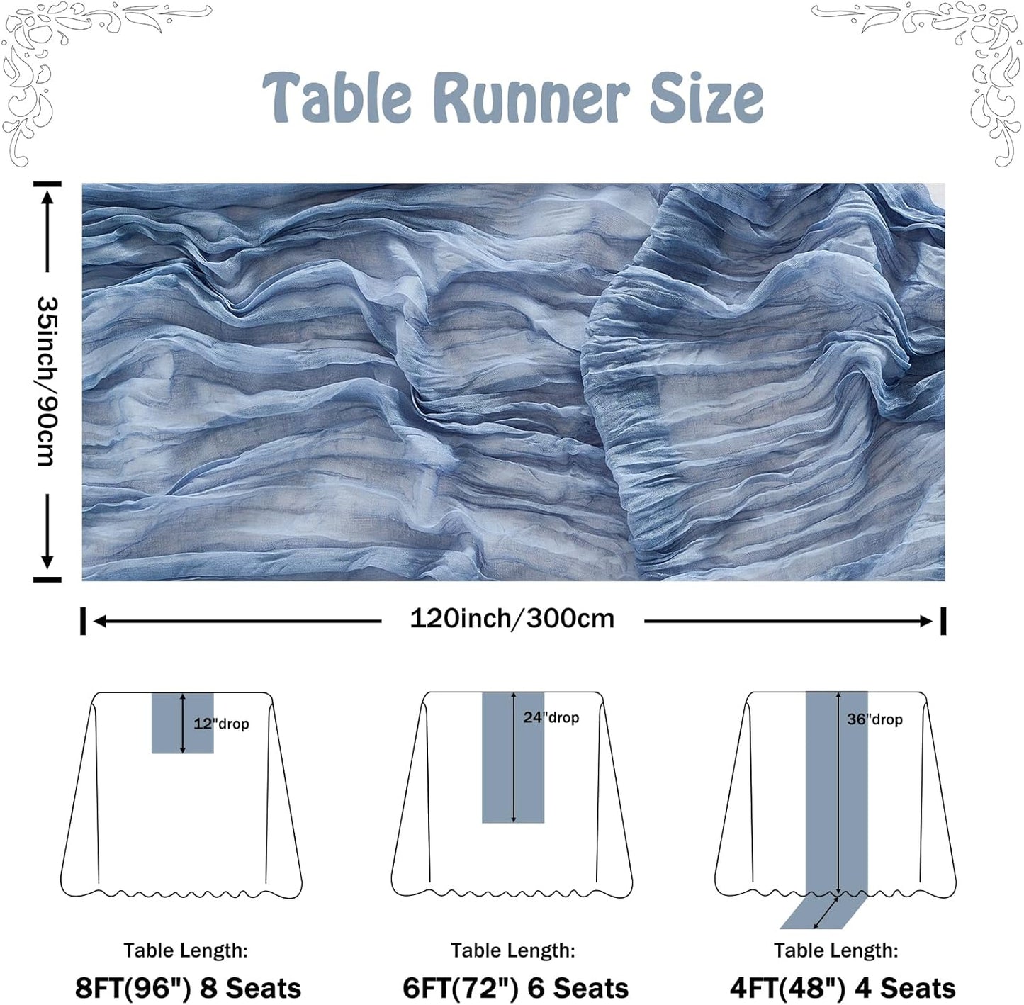 Fanami 1 Pack Cheesecloth Table Runner -10FT Dusty Blue Boho Gauze Cheese Cloth Table Runner 120 Inches Long Rustic Sheer Fabric Centerpieces for Wedding Birthday Party Bridal Baby Shower Decorations