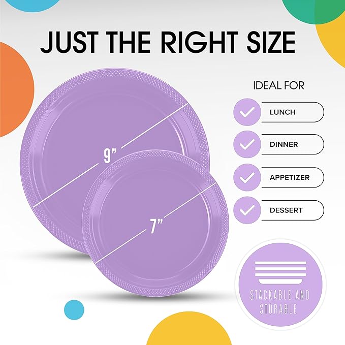 Party Solids Lavender Plastic Plates For Party Supplies, Lavender Disposable Plates 100 Pieces - 50-7" & 50-9" Heavy Duty 350 GSM Disposable Dinnerware Sets, Plastic Dinnerware Sets