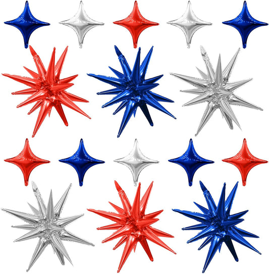 Red Blue Silver Star Balloons,6Pcs 22Inch Explosion Star Balloons and 10Pcs 10Inch Four Angle Balloon Kit for 4th of July Independence Day Birthday Anniversary Usa Party Patriotic Decorations