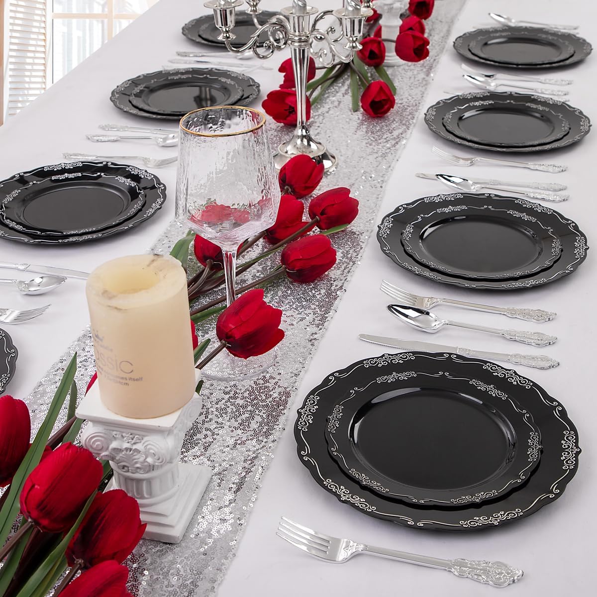 DaYammi 150 Pcs Black Silver Plastic Plates & Silver Plastic Silverware,Black silver Disposable plates for Include 30 Dinner Plate,30 Dessert Plate,30 Knives,30 Forks,30 Spoons for New Year Party
