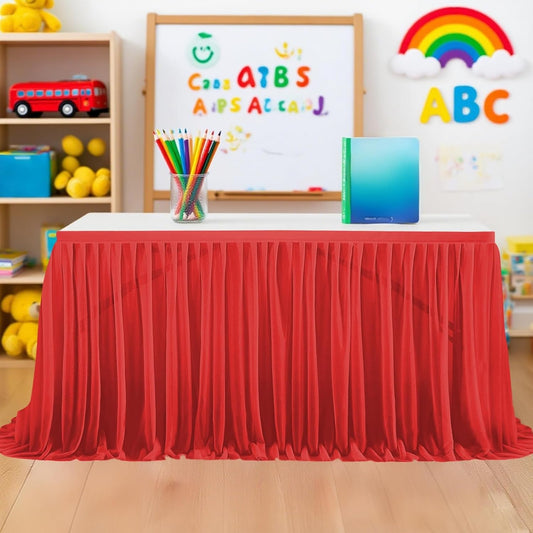 6FT Tulle Table Skirt for Teacher Desk Rectangular Ruffle Table Back to School Supplies for Kindergarten Preschool Middle School Classroom Decor, Red