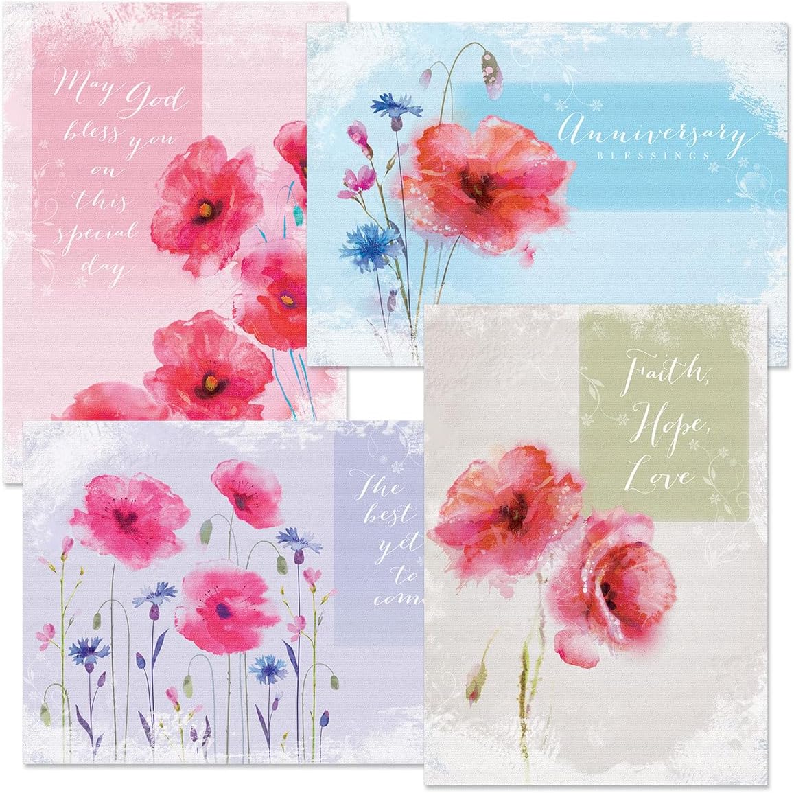 Anniversary Blessings Faith Cards With Scripture- Set of 8 (4 Designs), Large 5" by 7 Inch Pretty Poppies Religious Wedding Anniversary Cards