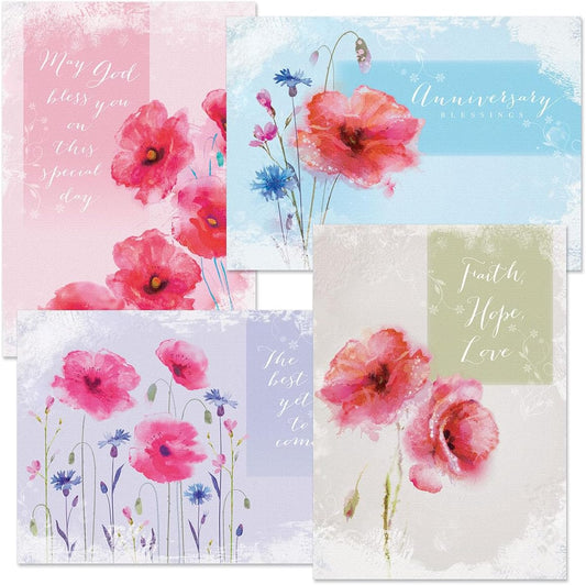 Anniversary Blessings Faith Cards With Scripture- Set of 8 (4 Designs), Large 5" by 7 Inch Pretty Poppies Religious Wedding Anniversary Cards