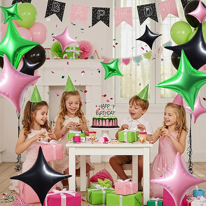 TONIFUL 30Pcs 26In&10In Star Balloons Light Pink Green Black Four Pointed Foil Mini Star Mylar Balloons for Birthday Wedding Baby Shower Anniversary Engagement Party Decor Supplies