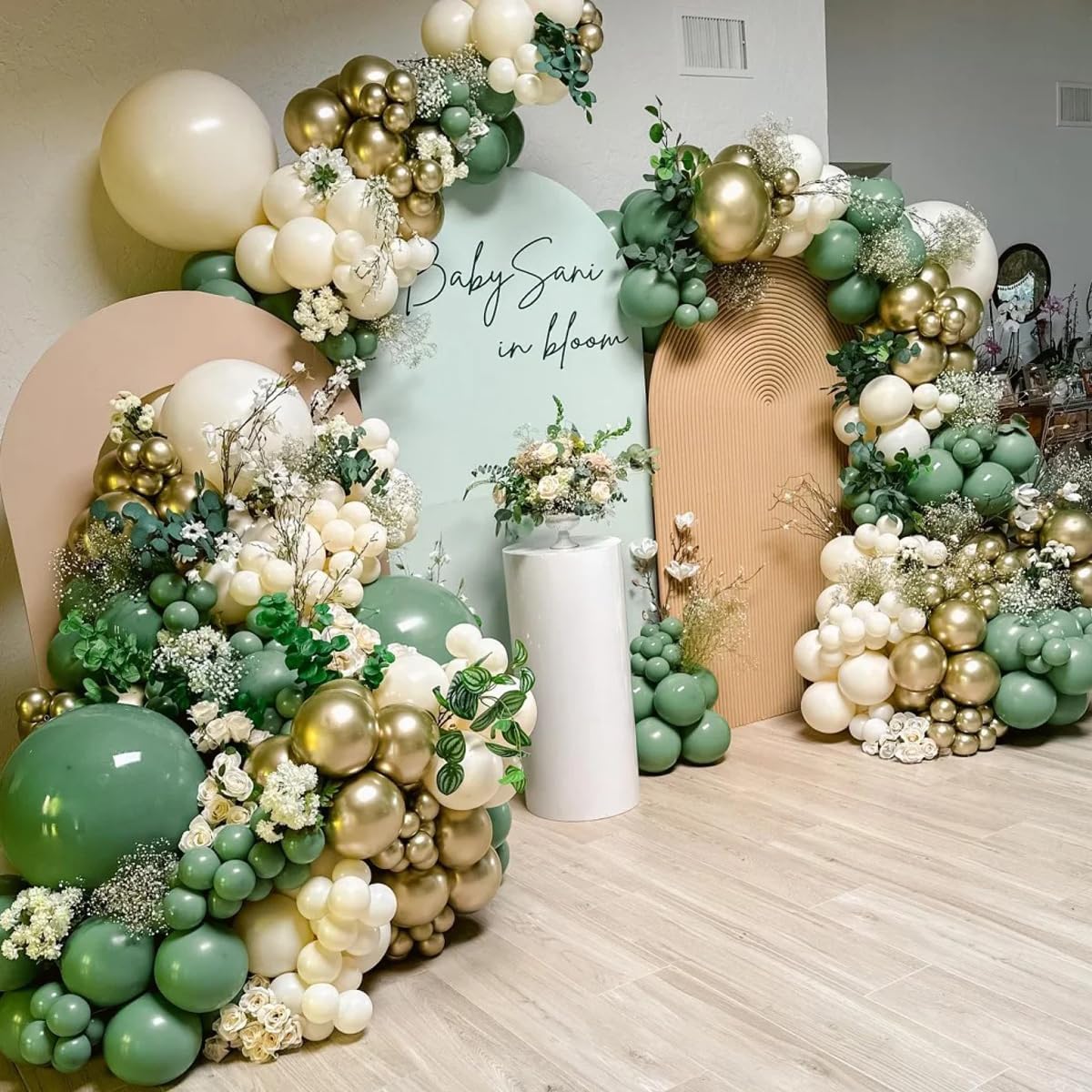 Green White Gold Balloon Arch Kit, 146Pcs Avocado Green Metallic Chrome Gold Confetti and White Latex Balloons for Wedding Birthday Baby Shower Decoration