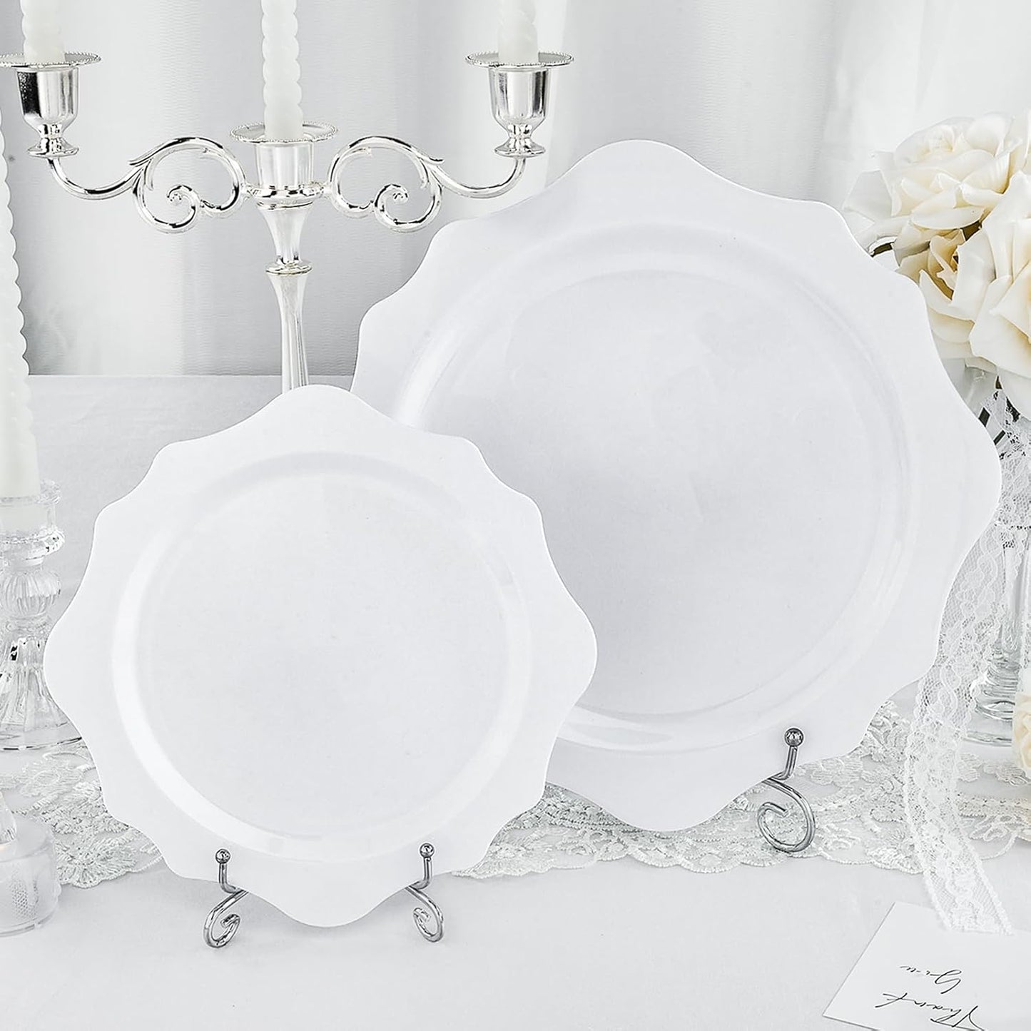 100 PCS White Disposable Plates for 50 Guests, Scalloped Plastic Plates Include 50 Dinner Plates and 50 Dessert Plates for Party, Wedding