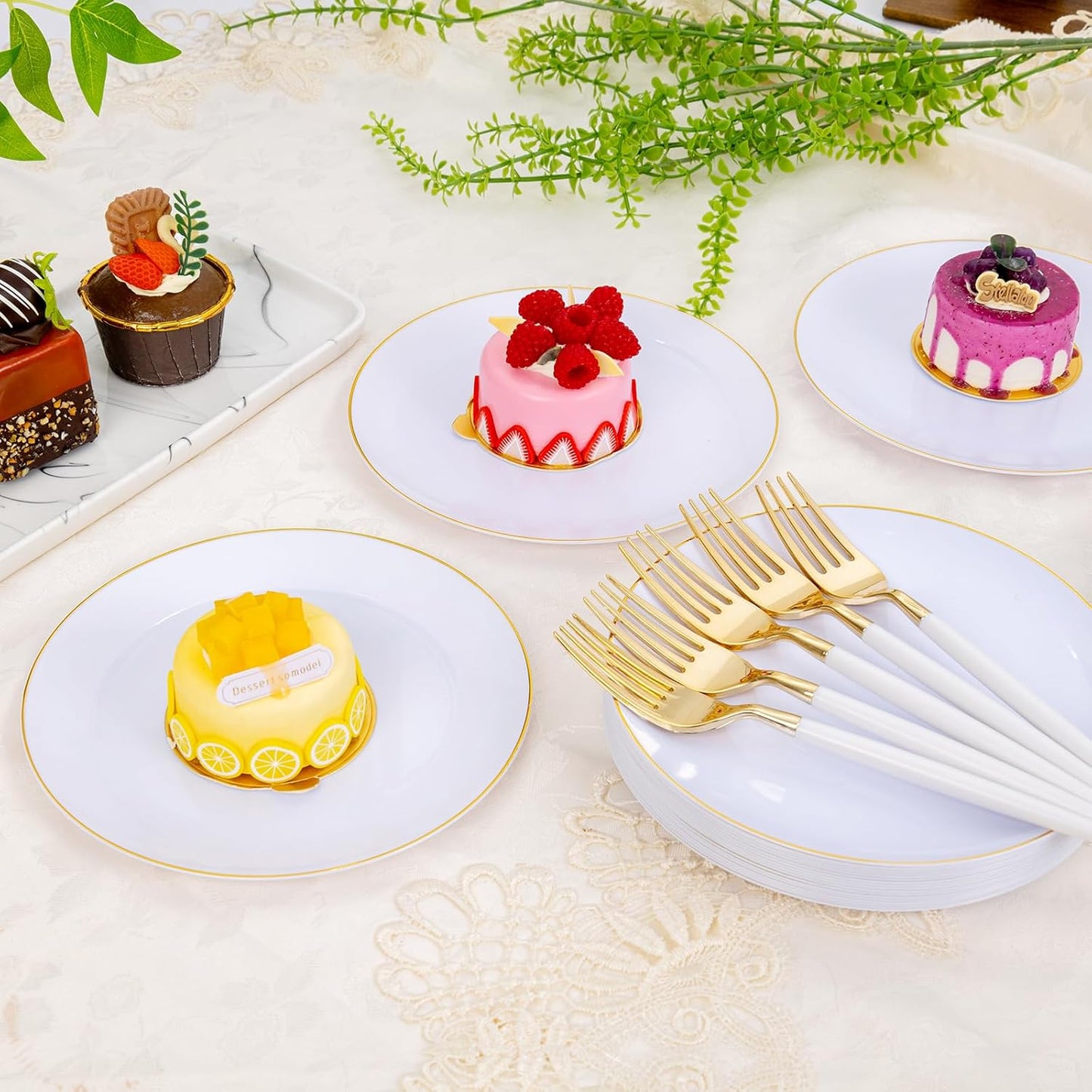 LIYH 96 Pcs White Gold Plastic Plates with Dessert Forks, 48 Plates and 48 Forks, Gold Cake Appetizer Plastic Disposable Plates for Tea Parties, Birthdays & Wedding 48 Guests