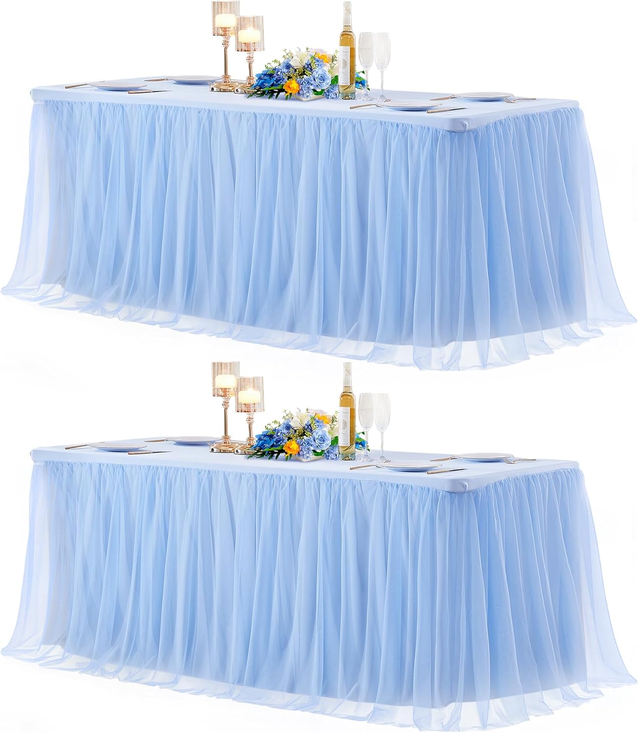 2 Pack 8ft Baby Blue Tulle Tablecloths for Rectangle Tables, 8 Foot Rectangular Table Cloth Wrinkle Free Table Cover with Tutu Skirt for Baby Shower Boy Birthday Party Banquet Buffet Cake