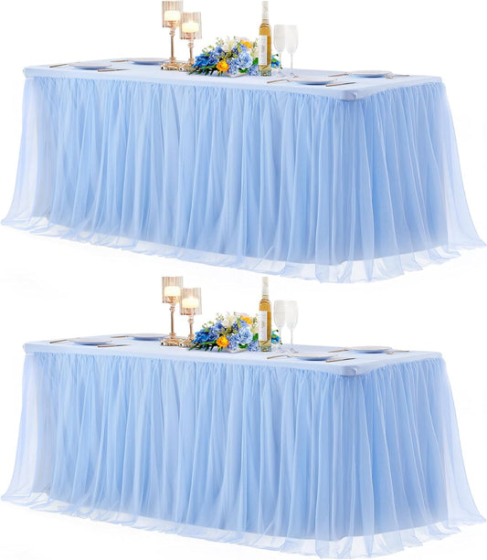2 Pack 8ft Baby Blue Tulle Tablecloths for Rectangle Tables, 8 Foot Rectangular Table Cloth Wrinkle Free Table Cover with Tutu Skirt for Baby Shower Boy Birthday Party Banquet Buffet Cake