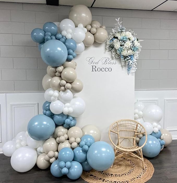 Dusty Blue White Sand Balloon Arch Garland Kit-145pcs Neutral Nude Dusty Blue Balloons for Birthday, Christening, Baby Shower, Bridal Shower, Baptism Decorations