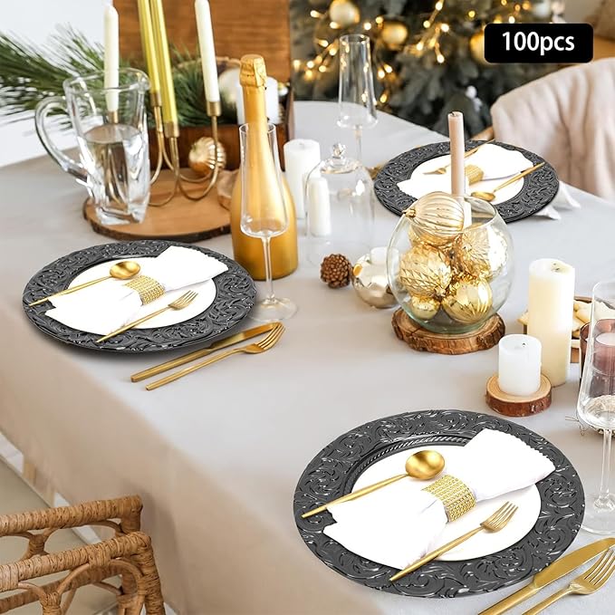 100 Pcs Black Round Charger Plates Bulk, 13 Inch Reusable Antique Charger Plates Set Plastic Embossed Dinner Plate for Table Setting Wedding Party Event Tabletop Setting Decor (Black)