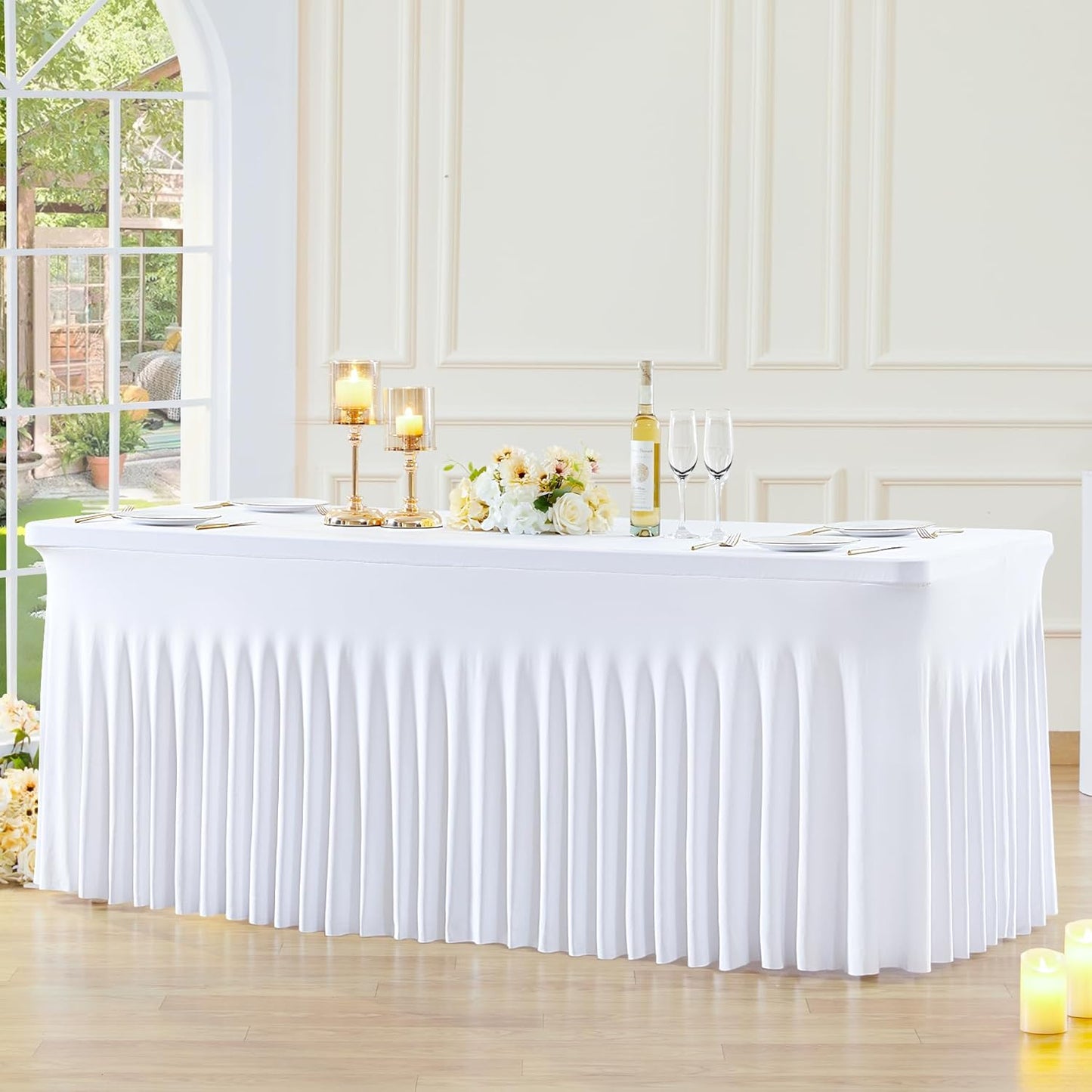 2 Pack Spandex White Fitted Table Cloth for 8ft Rectangle Tables White Stretch Tablecloth Table Covers Banquet Table Clothes Wrinkle Free Table Skirt for Parties Wedding