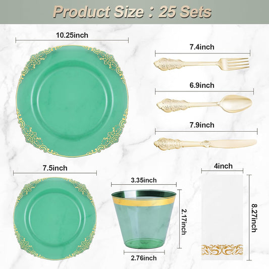 175PCS Clear Green Plastic Plates for 25 Guests, Disposable Plates with Gold Trim include 50 Dinner Plates, 75 Gold Silverware, 25 Cups, 25 Napkins for Party, Wedding and Graduation