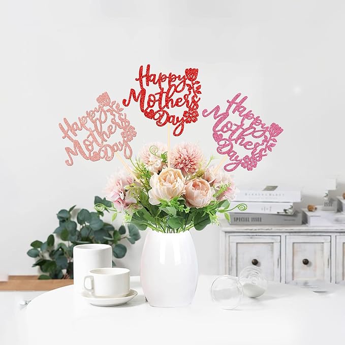 12 PCS Happy Mother's Day Centerpiece Sticks Double Sided Glitter Rose Love Best Mom Centerpieces for Happy Mother's Day Theme Table Flower Decorations Women Birthday Party Supplies Multi