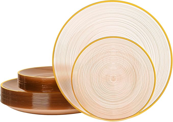 N9R 60 PCS Mocha Mousse Plastic Plates with Gold Rim, Elegant Disposable Plates, Circular Ribbed Design, 30 Dinner & 30 Dessert Plate for Parties, Weddings, Banquets and Events