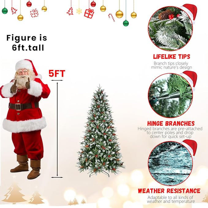 5FT Frosted Artificial Christmas Tree with 1131 PE+PVC Branch Tips, Realistic Unlit Christmas Tree with Red Berry and Pine Cone, Memory Wire Hinged Full Xmas Tree with Metal Base for Party, Holiday