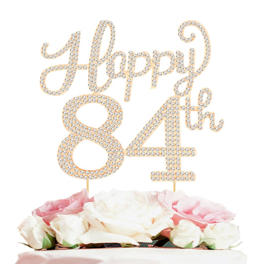 Happy 84th Birthday Decorations,84th Birthday Gold Rhinestone Cake Topper - Cheers to 84 Years Old Bday Party Metal Sparkly Cake Centerpieces Sign.