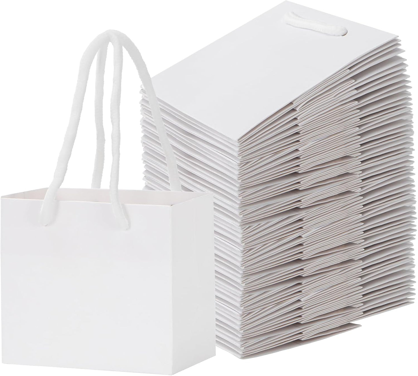 driew Small White Gift Bags 50 Pcs, 4.5" x 2.8" x 4" Min Thick Kraft Paper Bags Bulk with White Handles Set for Wedding Party Birthday Gathering Baby Shower