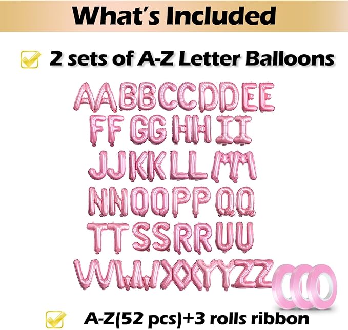 [52 PCS] 16" Foil Pink Letter Balloons 2 Sets of A-Z, Mylar Aluminum Hanging Alphabet for Girls Graduation New Year eve Birthday Party Valentine's day Decorations
