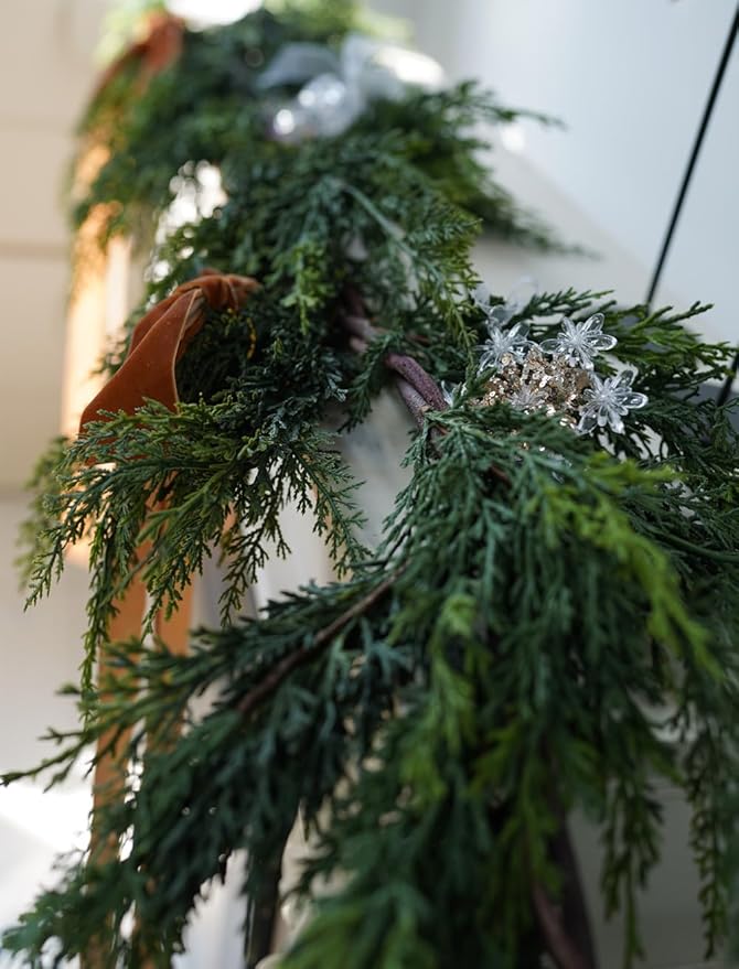 Christmas Cedar Garland,2Pcs 6ft Real Touch Cedar Pine Garland for Mantle Fireplace Outdoor Indoor Christmas Decorations