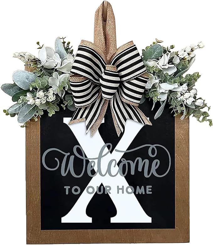 Last Name Year Round Front Door Wreath Front Porch Decoration 26 Letter Welcome Sign with Eucalyptus Garland and Bow Spring Wreaths for Front Door Outside Hanger Garland（X）