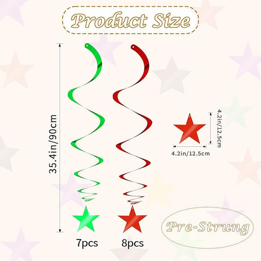 BEISHIDA Red Green Star Hanging Swirl Christmas Decorations Ceiling Hanging Party Supplies for Christmas Birthday Wedding Decorations, Pack of 15