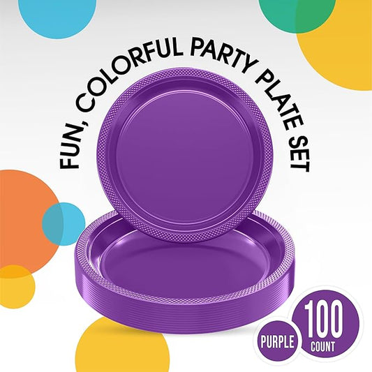 Party Solids Purple Plastic Plates For Party Supplies, Purple Disposable Plates 100 Pieces - 50-7" & 50-9" Heavy Duty 350 GSM Disposable Dinnerware Sets, Plastic Dinnerware Sets