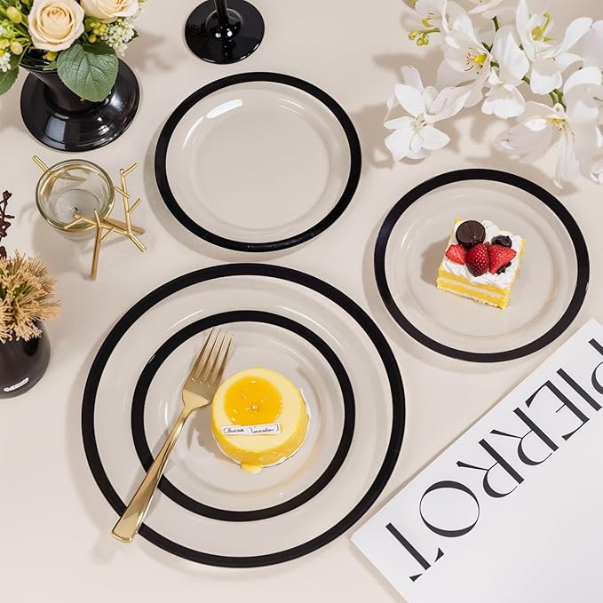 supernal Elegant Disposable Plates, 120-Pack Black Plastic Plates, Clear and Black Heavy Duty BPA-Free Plastic Dinnerware Set for 60 Guests Perfect for Wedding, Upscale Parties & Catering