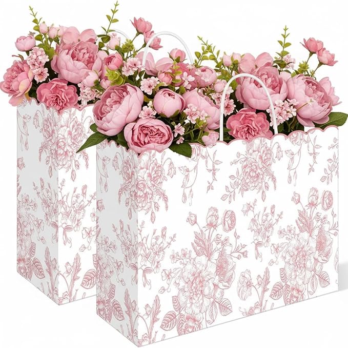 Kolldenn 24 Pcs Pink Floral Party Favor Bags with Handles 16 x 6 x 12 Inch Extra Large Scalloped Wildflower Goodie Candy Gift Treat Bags for Birthday Decoration for Bridal Baby Shower Party Supplie