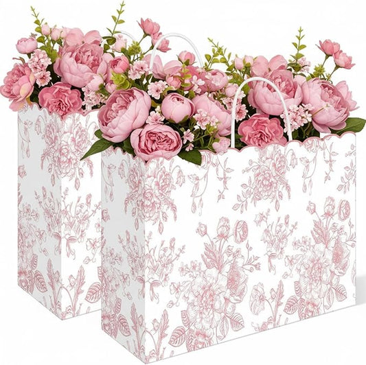 Kolldenn 24 Pcs Pink Floral Party Favor Bags with Handles 16 x 6 x 12 Inch Extra Large Scalloped Wildflower Goodie Candy Gift Treat Bags for Birthday Decoration for Bridal Baby Shower Party Supplie