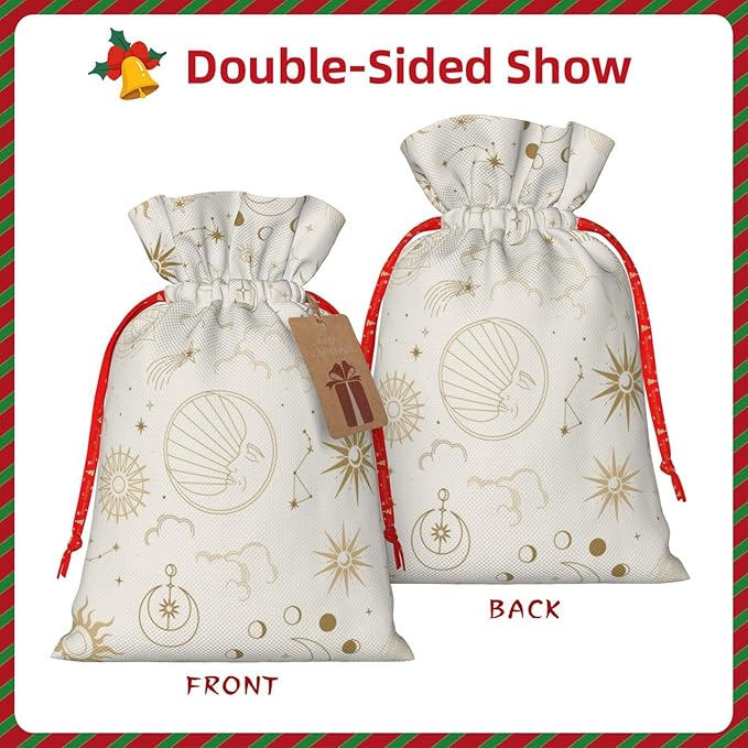 Boho Chic Sun Moon Galaxy Stars Clouds Christmas Gift Bags Christmas Treat Bags Cloth Christmas Gift Bag Drawstring Christmas Bags for Gifts Favor Bags Reusable Xmas Gift Bags for Holiday Party